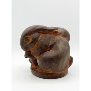 Vtg Hen-Feathers Statuary Figurine 2 Hugging Bunnies Snuggling Rabbits Brown '85